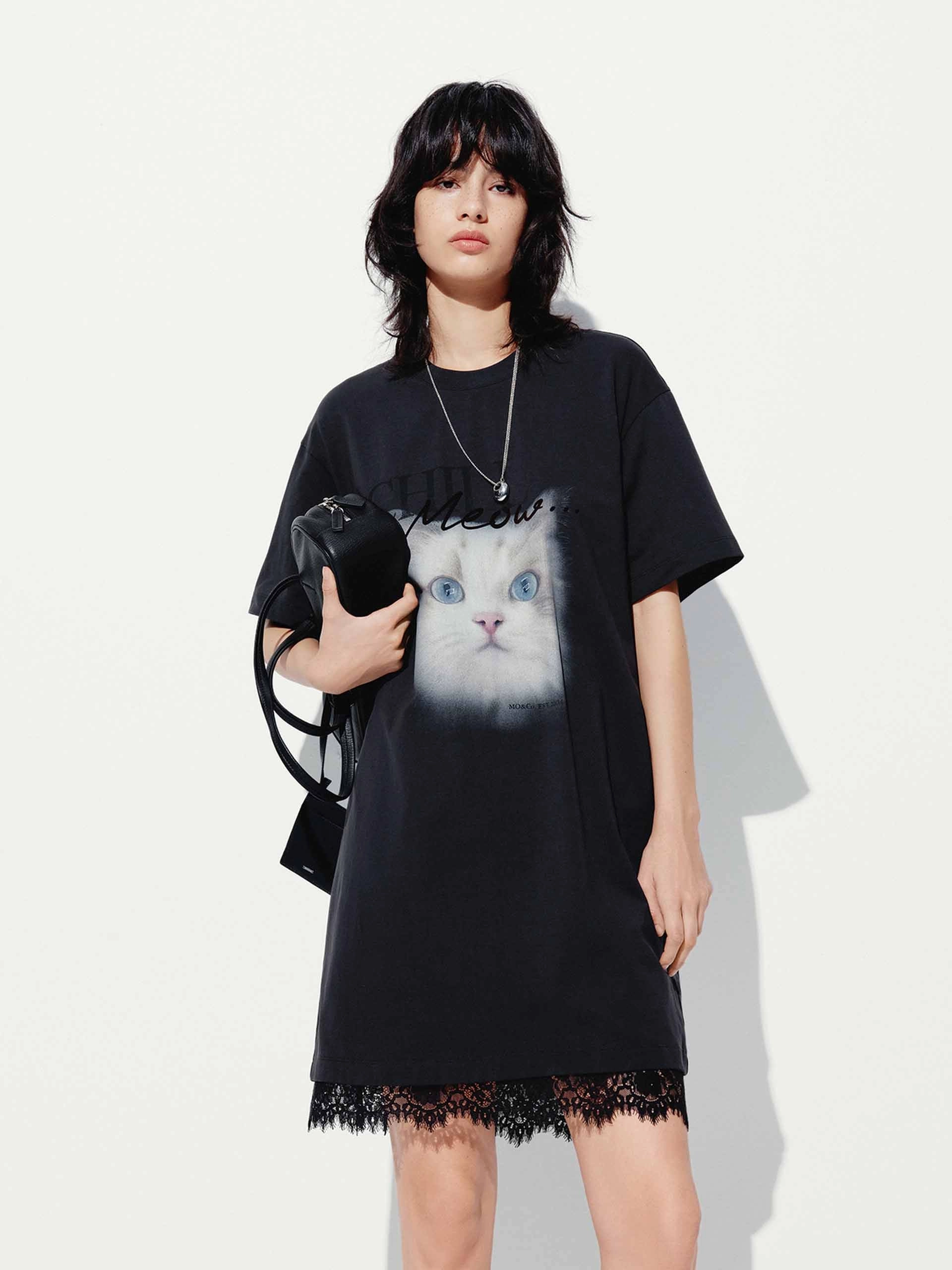 Front Cat T-shirt Dress windproof Simple Mood