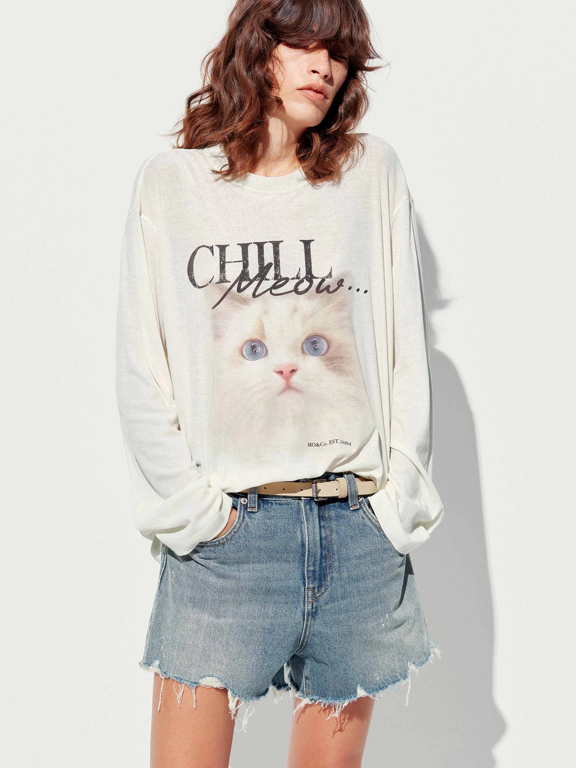 Front Cat Loose T-shirt Street Smart GarmentDyedTexture