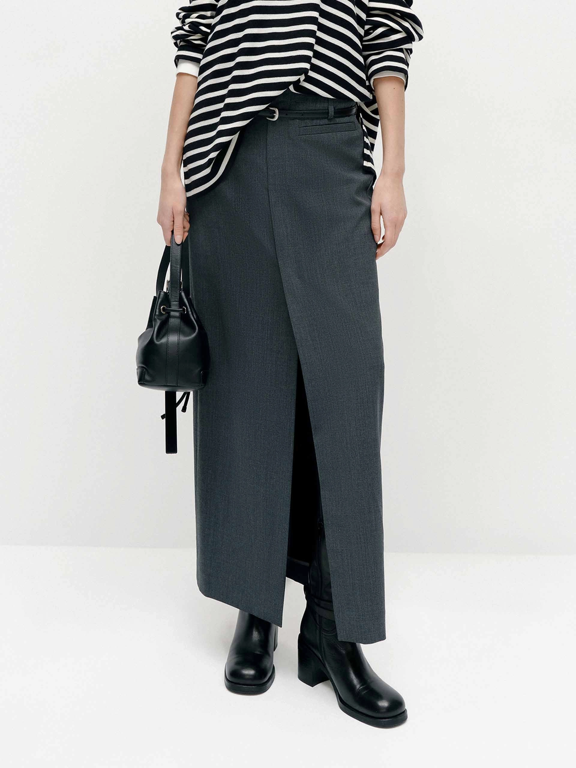 Sleek Fit Belted Front Slit Skirt