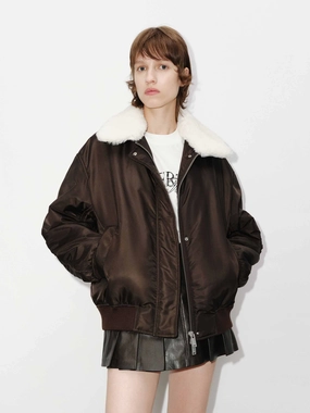 Belted Waist Simple Outer Fur Collar Quilted Jacket