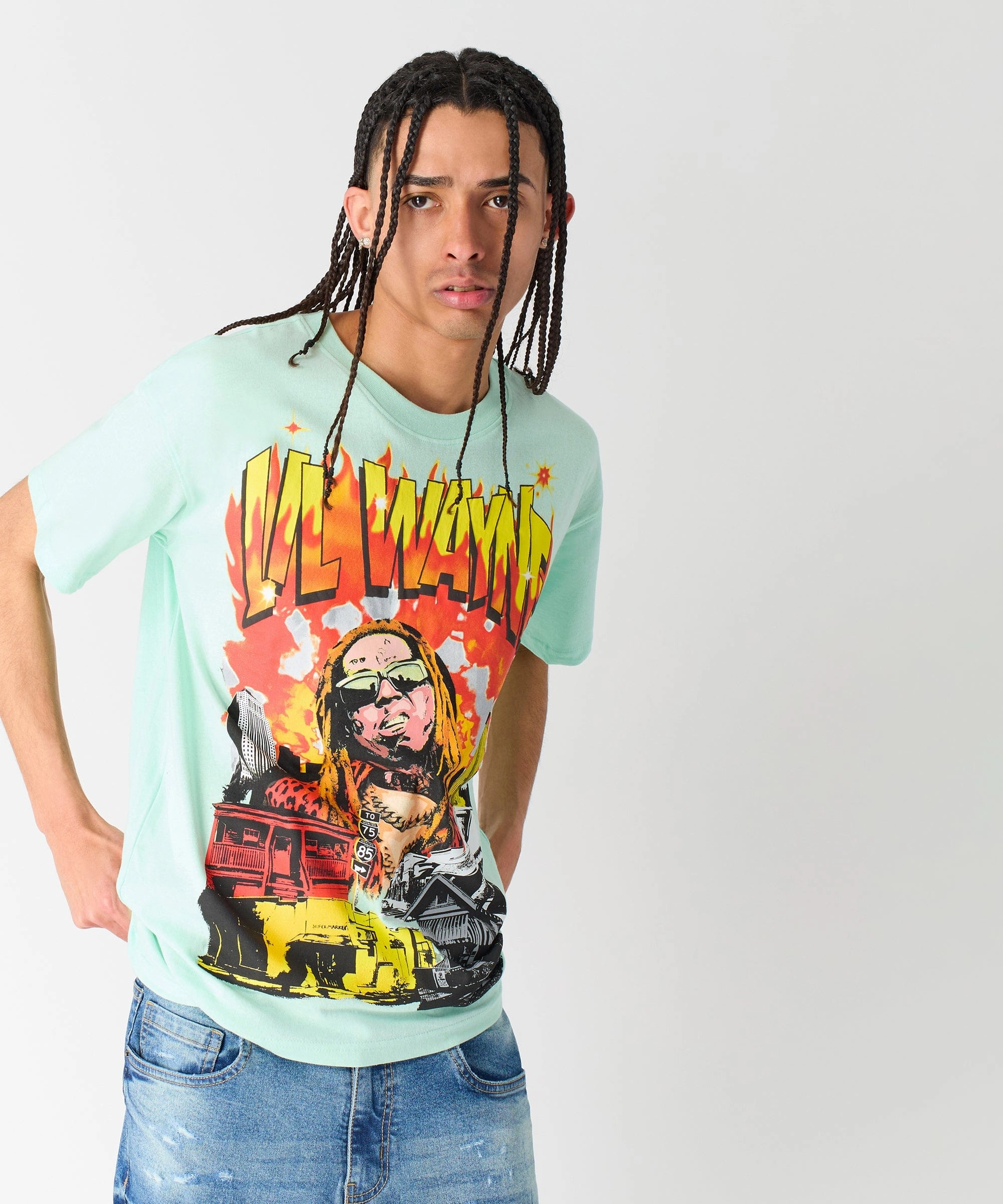 Colorfast Dye Method Lightweight Blouse Lil Wayne New Orleans Short Sleeve Tee - Mint