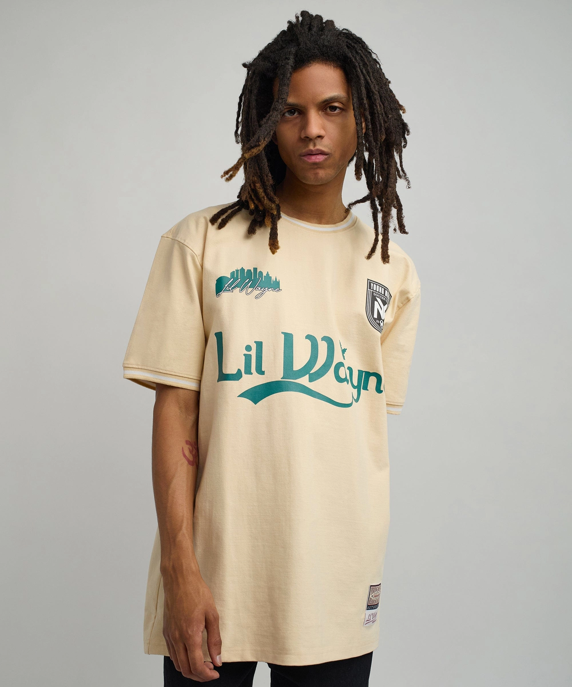 SheerLayering Ribbed Hem Lil Wayne Young Money Soccer Jersey - Khaki