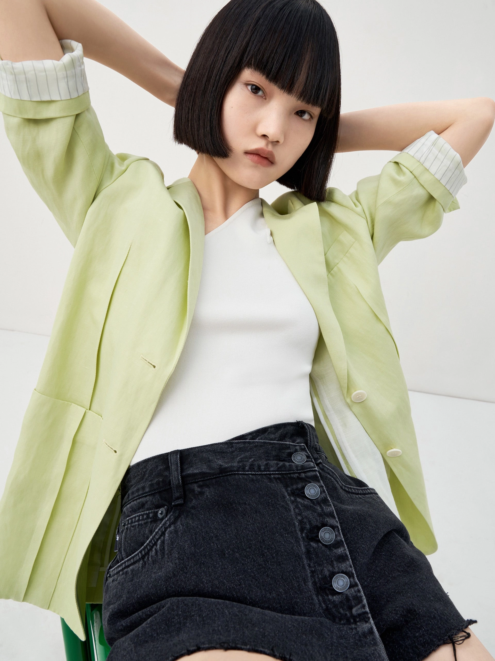Linen Blend Midi Sleeved Blazer Ribbed Trims