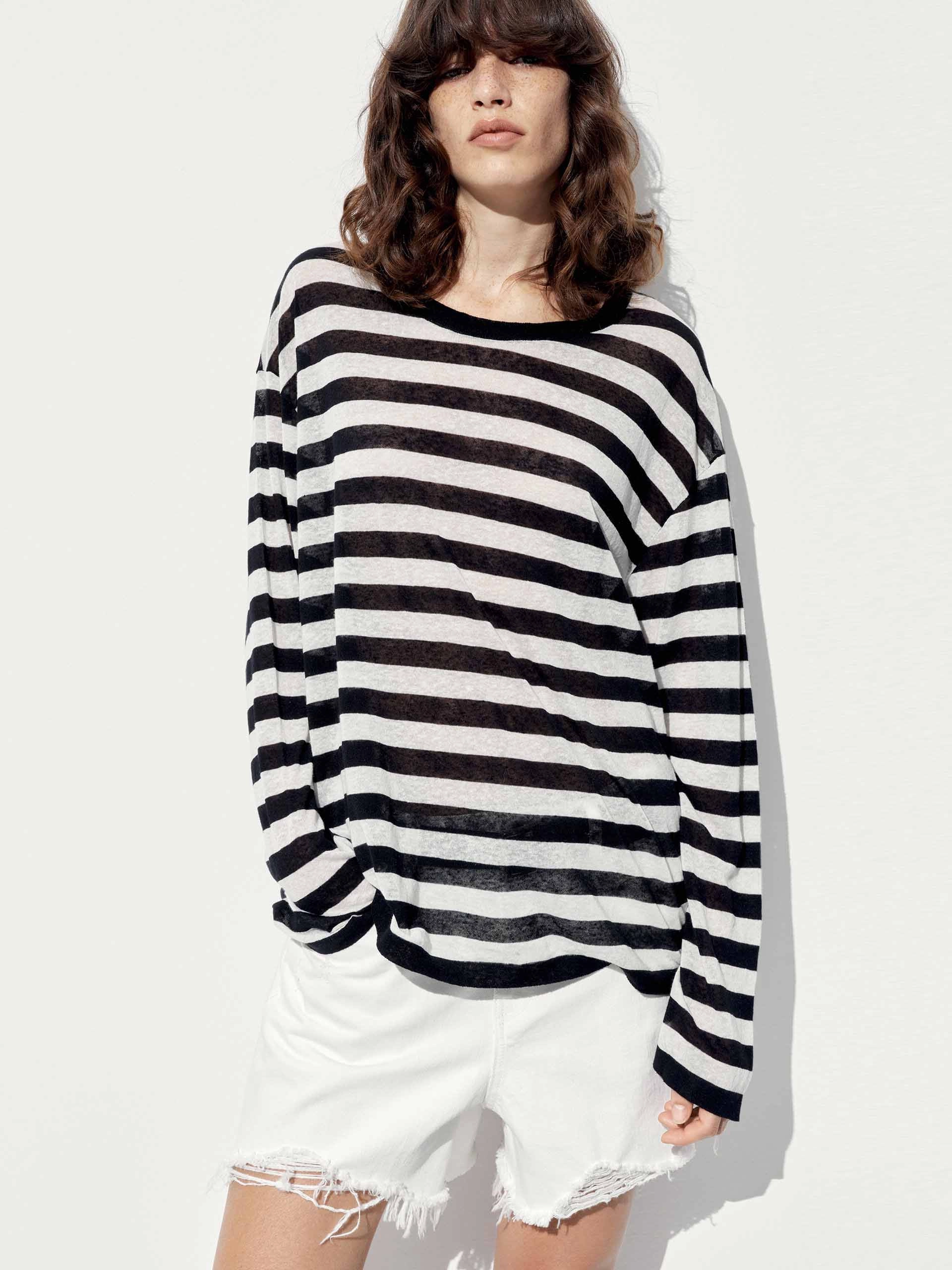 Convertible Collar Multi Directional Zipper Placement Linen Blend Striped Sweater