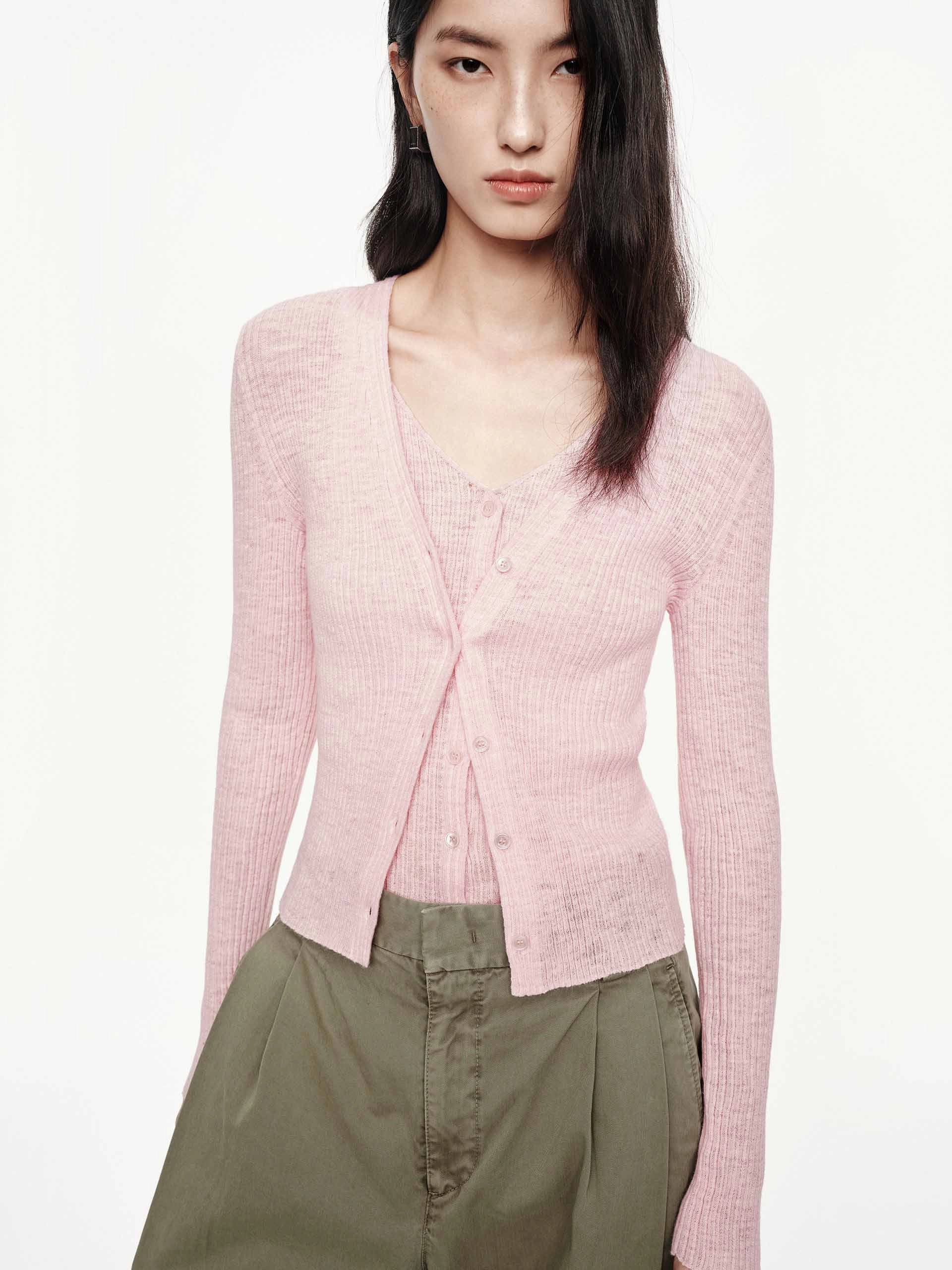 Sandwich Mesh Panel Structure BondedShoulderTaping Linen Cotton V-neck Cardigan