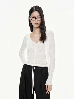 Linen Cotton V-neck Cardigan BreathableMeshInsert Minimalist Styling