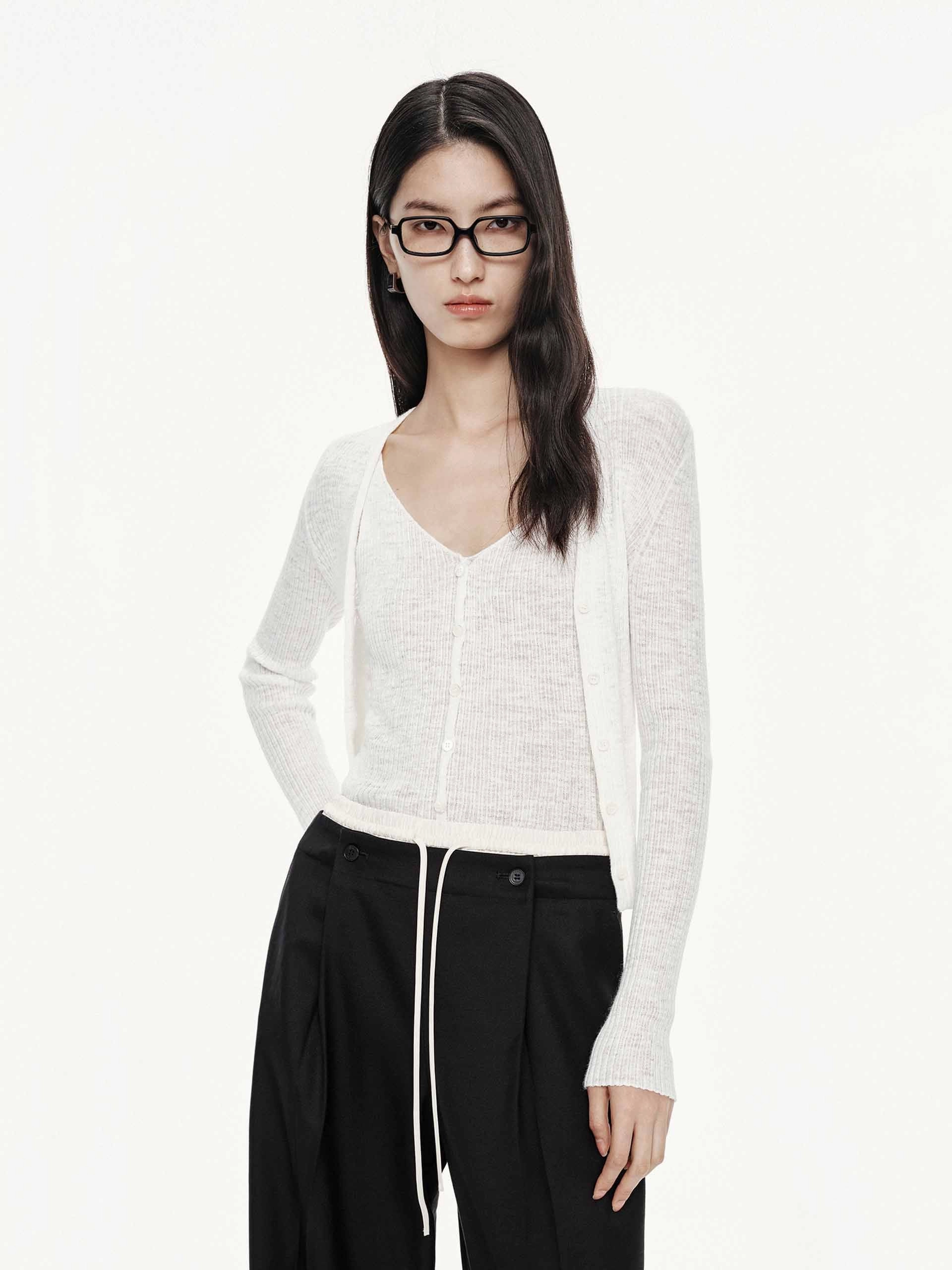 Ribbed Trim Linen Cotton V-neck Cardigan