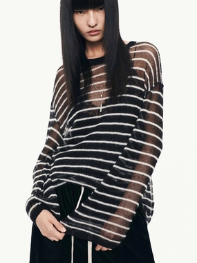 Striped Open Knit Sweater Flatlock stitching
