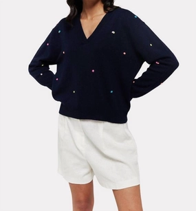 Little Pom Millie V-Neck Jumper In Navy Everyday Comfort Fade Resistant Textiles