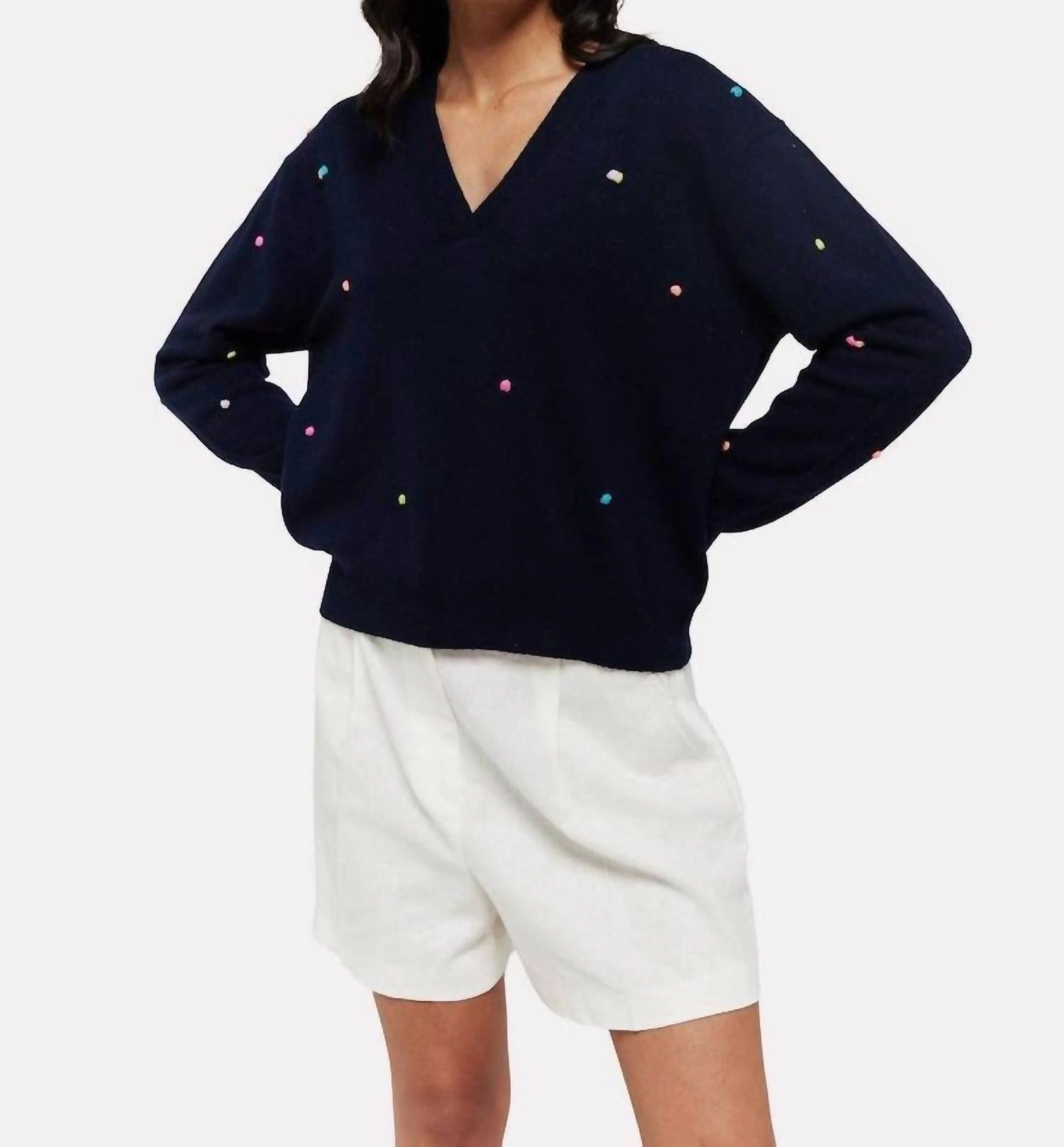 Drop Shoulder Design winter warmth Little Pom Millie V-Neck Jumper In Navy