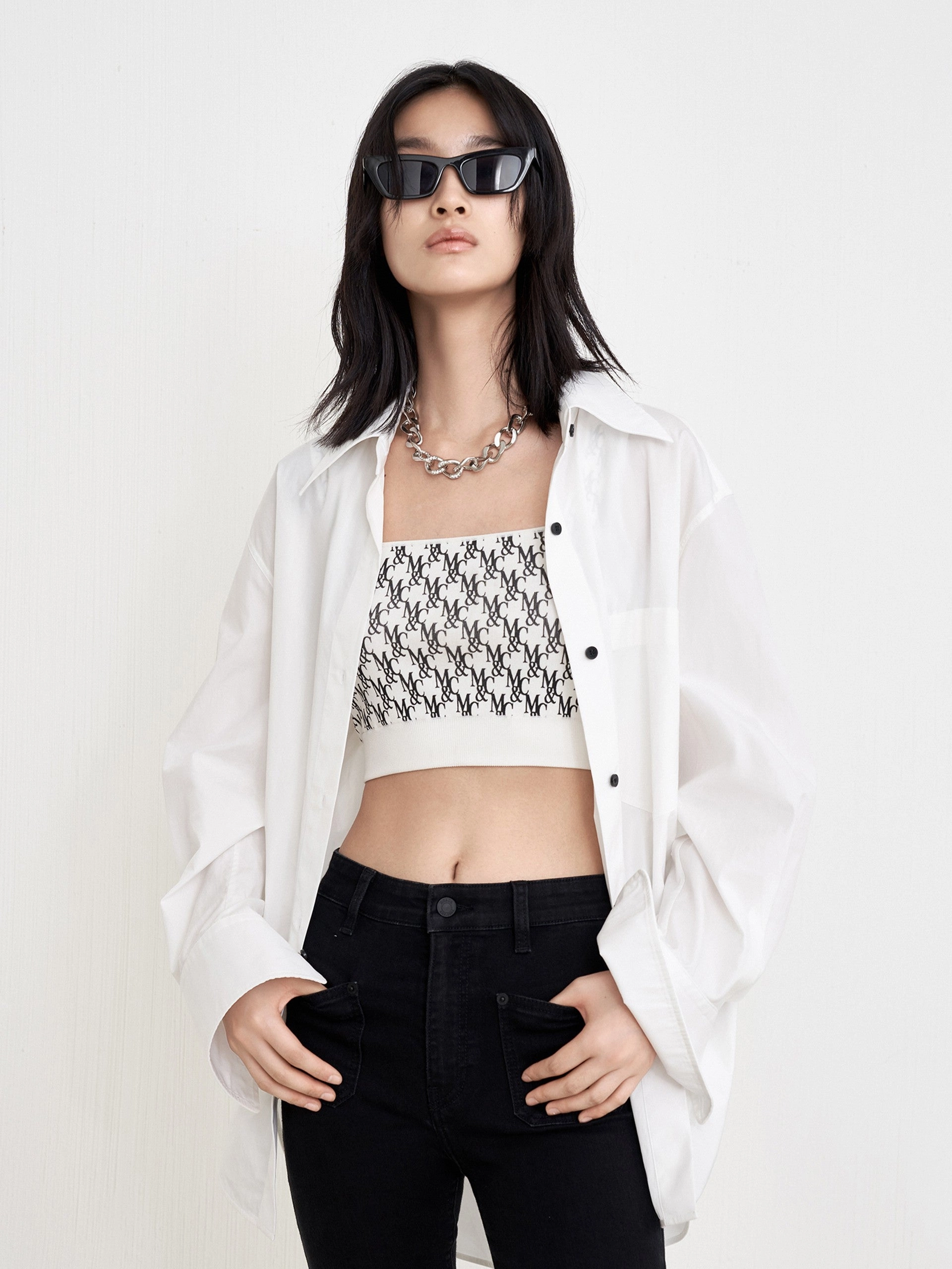 Logo Print Fitted Crop Knit Tank Top ButtonFront Tailored Placket