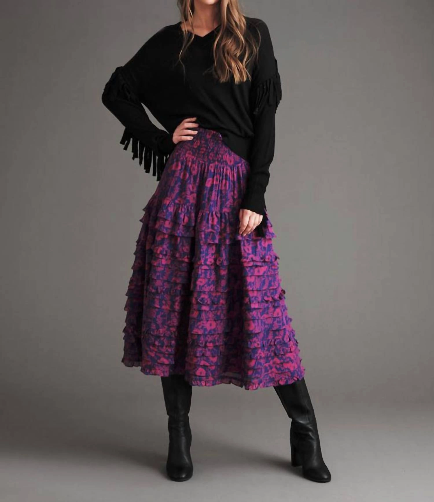 Merino Wool Smart Layers Lola Fringe Vneck Sweat In Black