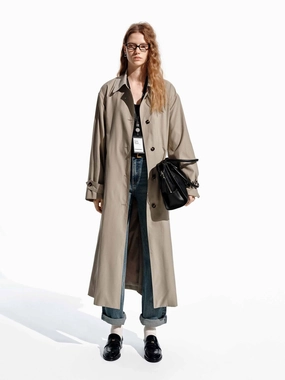Long Belted Trench Coat Zipper Closure Mechanism Reinforced Shoulder Panels