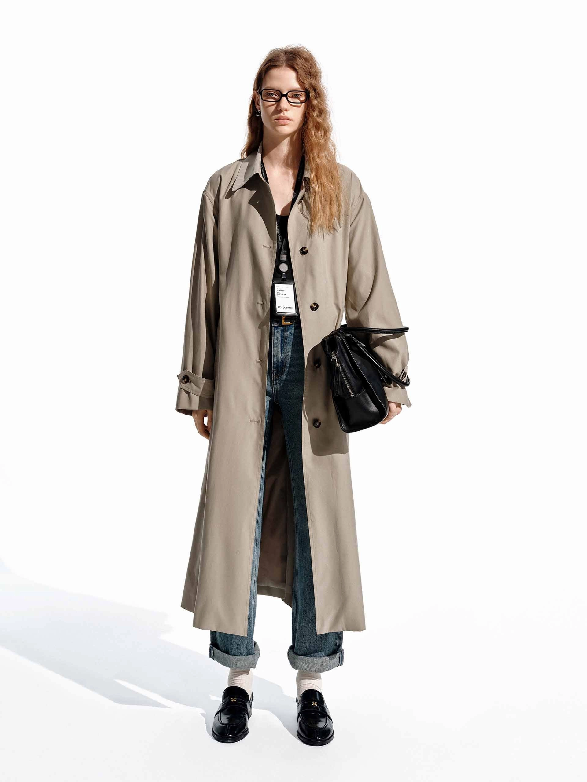 Long Belted Trench Coat Zipper Closure Mechanism Reinforced Shoulder Panels