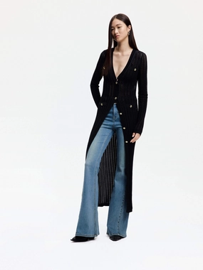 Contrast Stitch Detail Long Line Knit Cardigan