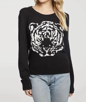 Cold Weather Gear Thermal Lining Long Sleeve Crew Neck Sweater Tiger In Black