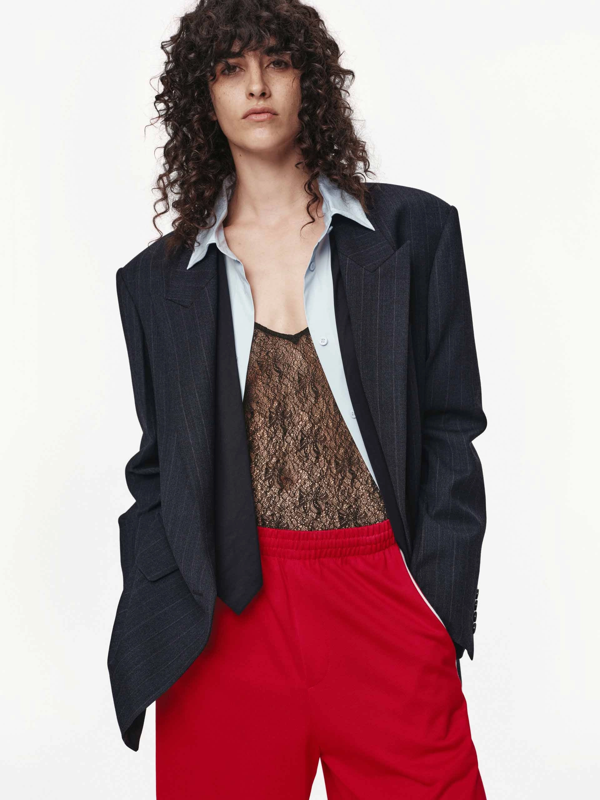 Go To Layer Pinstripe Peak Lapel Blazer