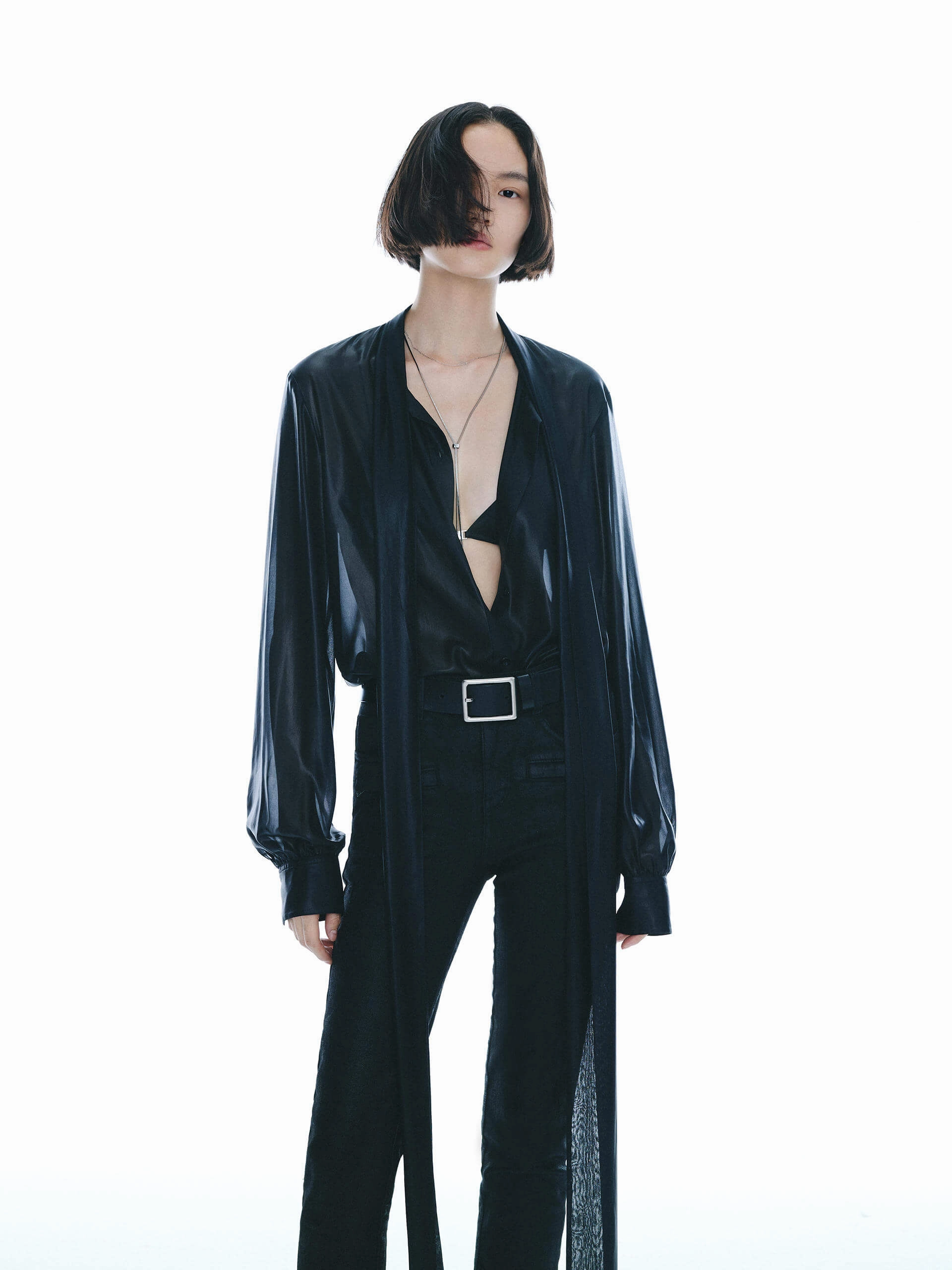 Long Sleeve Tie Blouse Seamless construction
