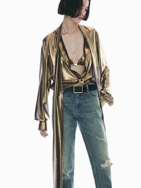 Long Sleeve Tie Blouse Snag Free Fabric