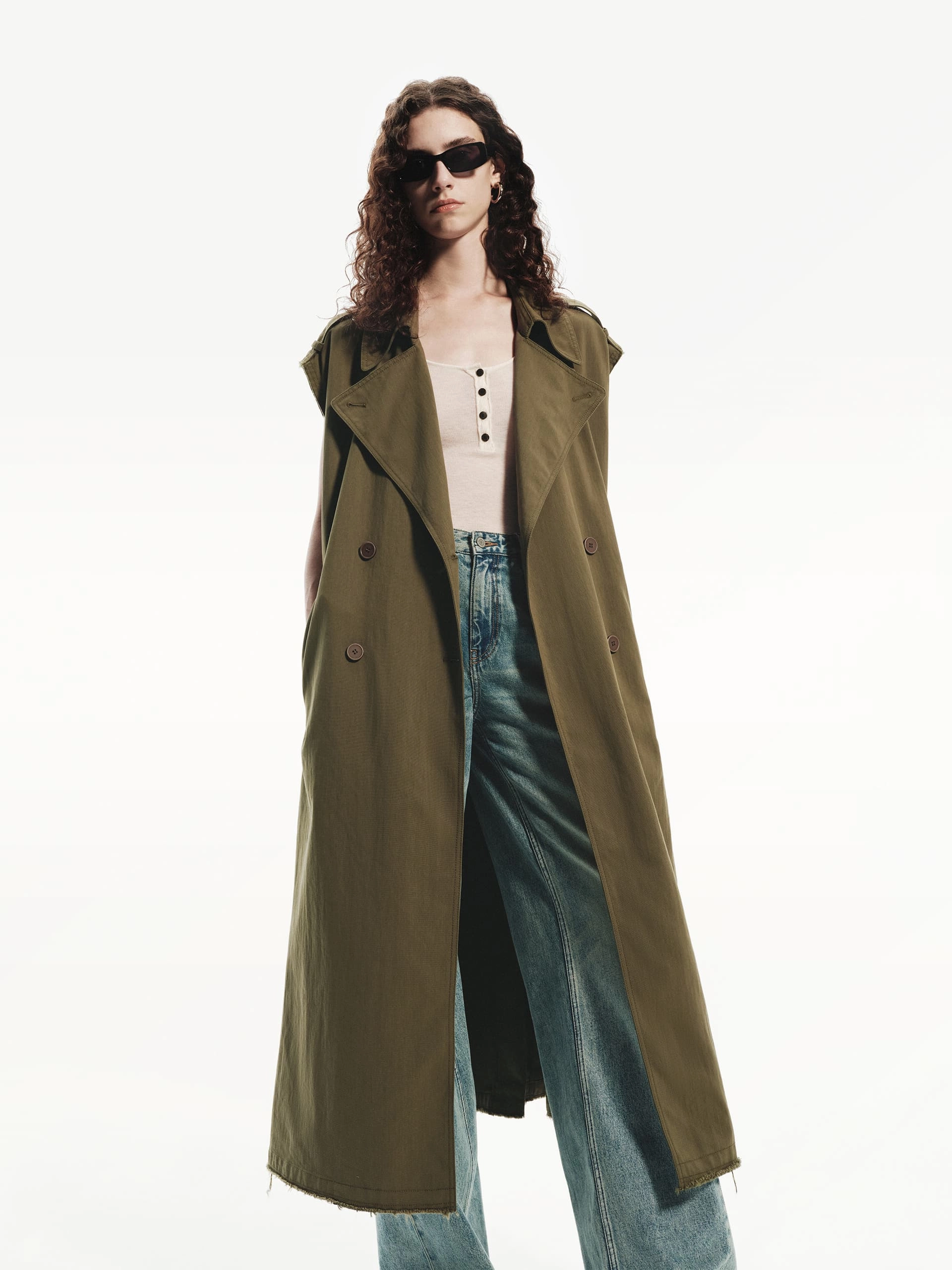 Ribbed Collar Design Long Sleeveless Coat