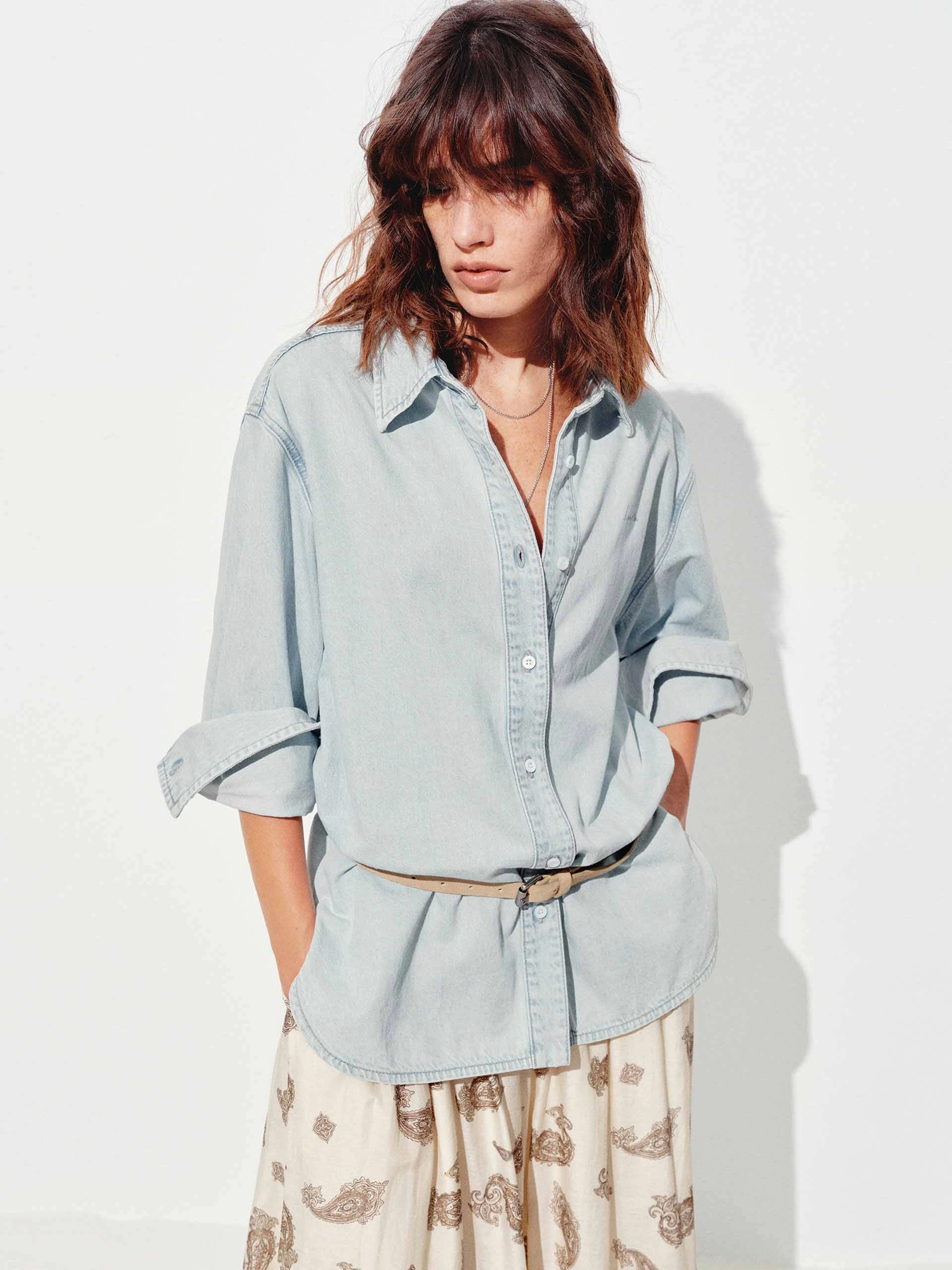 Long Sleeves Denim Shirt CrossGrain Fabric TearResistant Blends