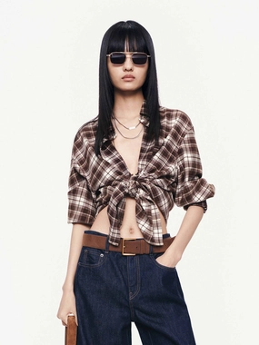 Ribbed Trims Layered Collar System Long Sleeves Plaid Shirt