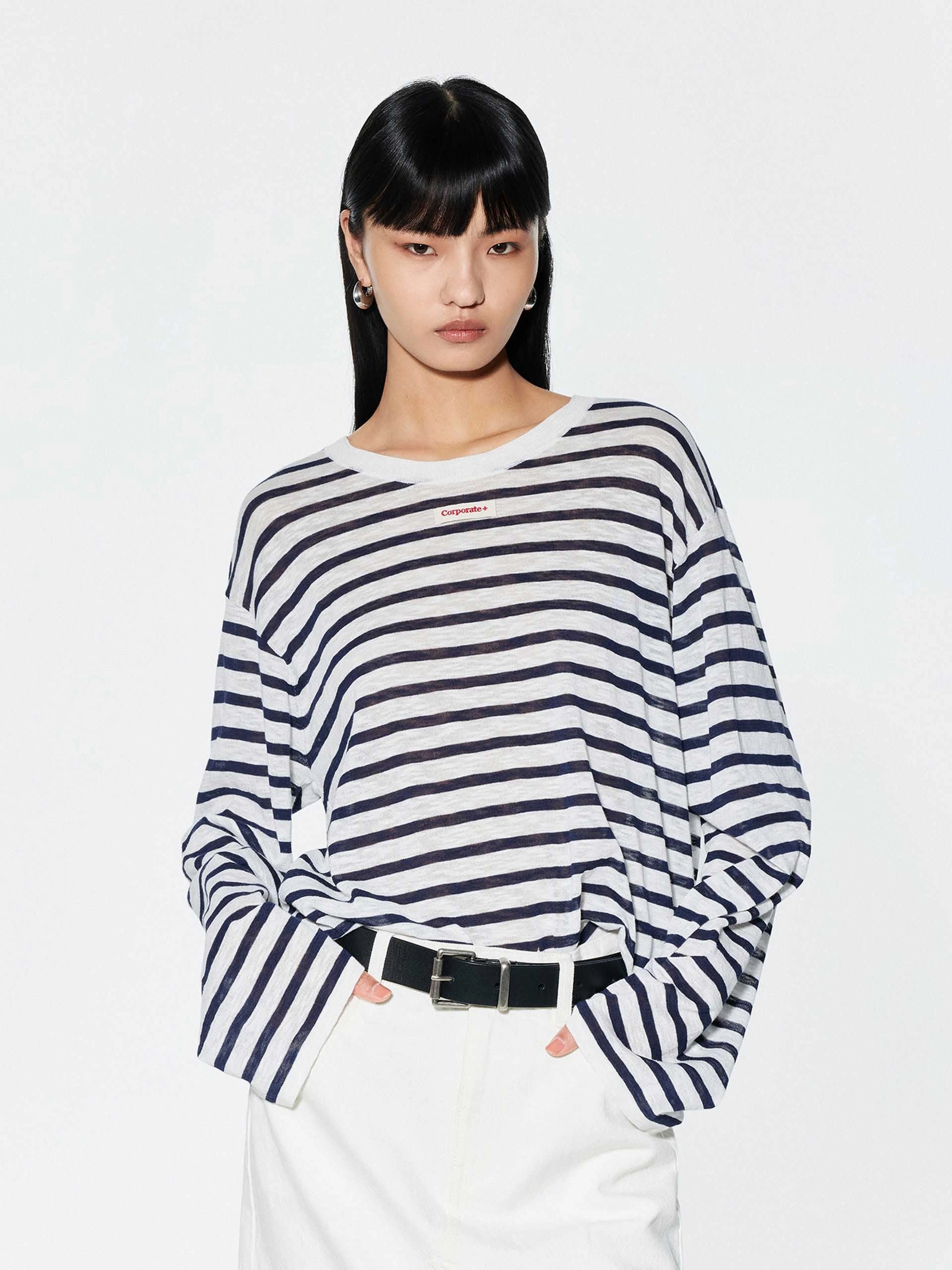 Long Sleeves Striped Sweater Fade Resistant Treatment Drop Shoulder Silhouette