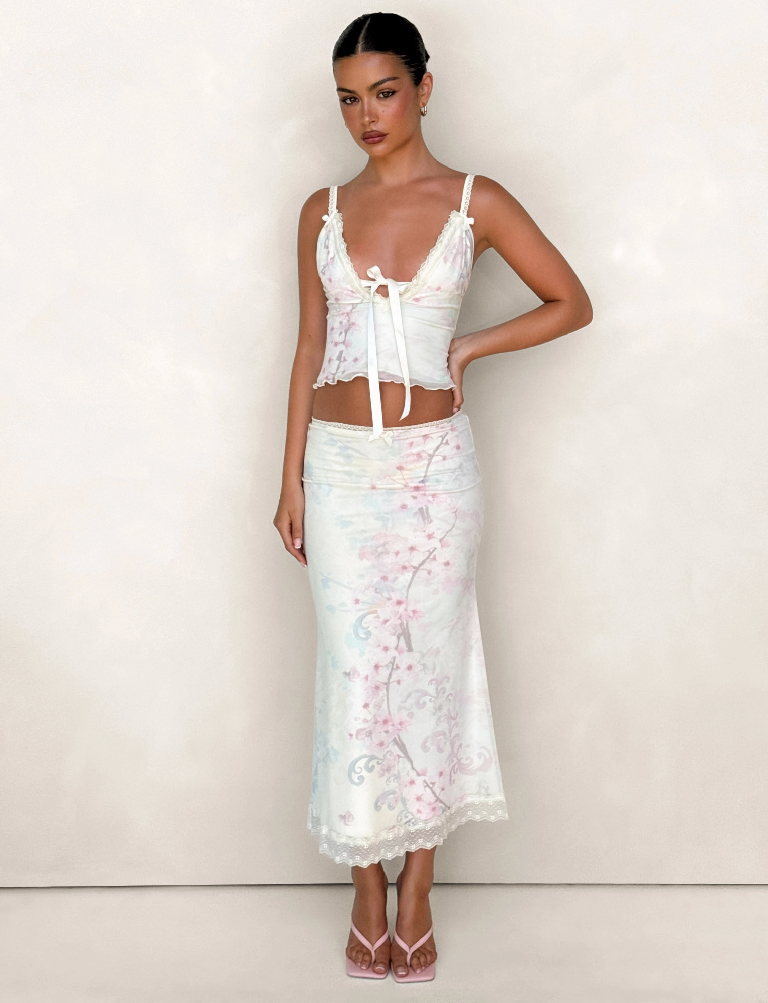 LONIE MIDI SKIRT - NEUTRAL : FLORAL : WASHED CHERRY BLOSSOM Fashion Style Slip Resistant Waistband