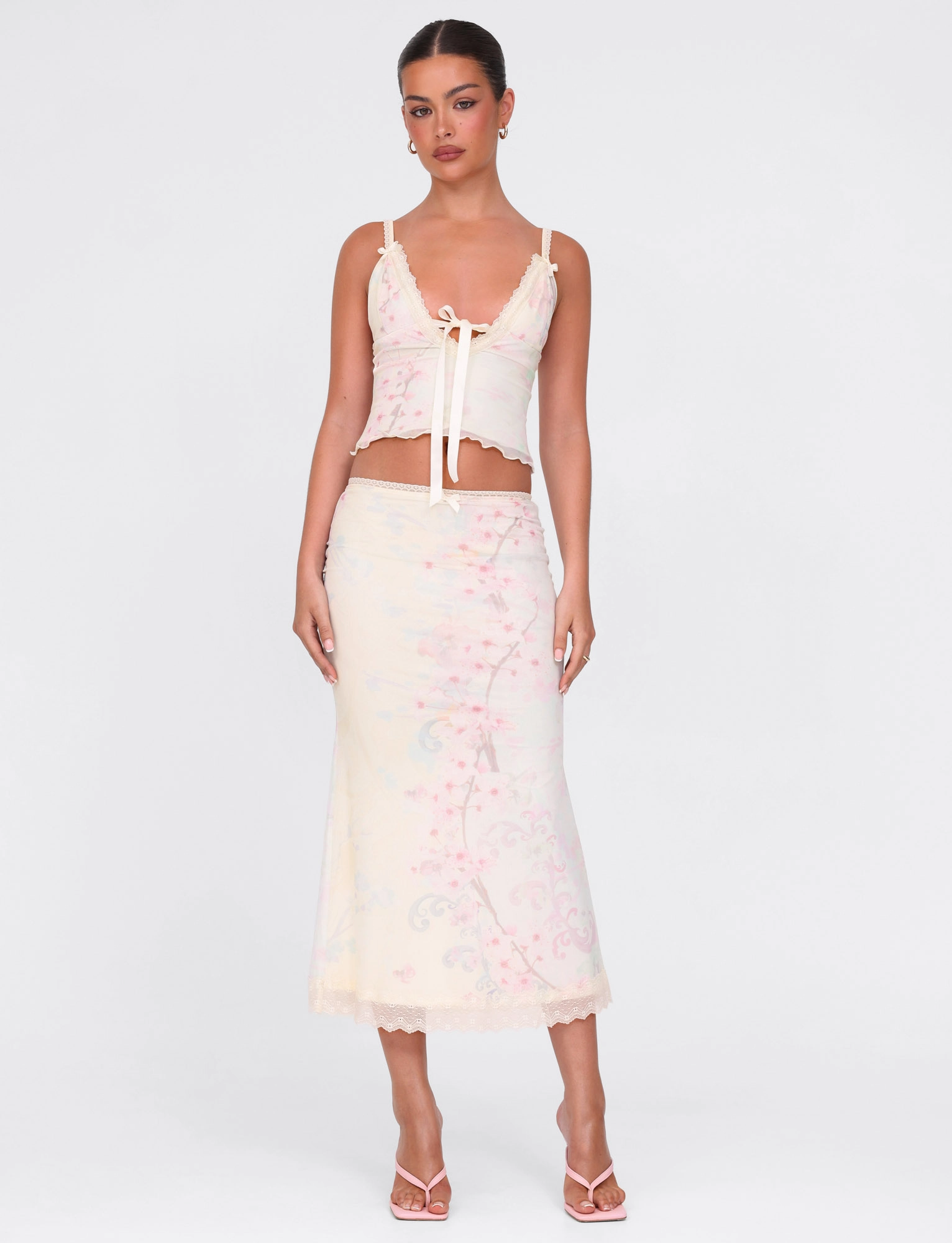 LONIE MIDI SKIRT - NEUTRAL : FLORAL : WASHED CHERRY BLOSSOM Double Layer Construction