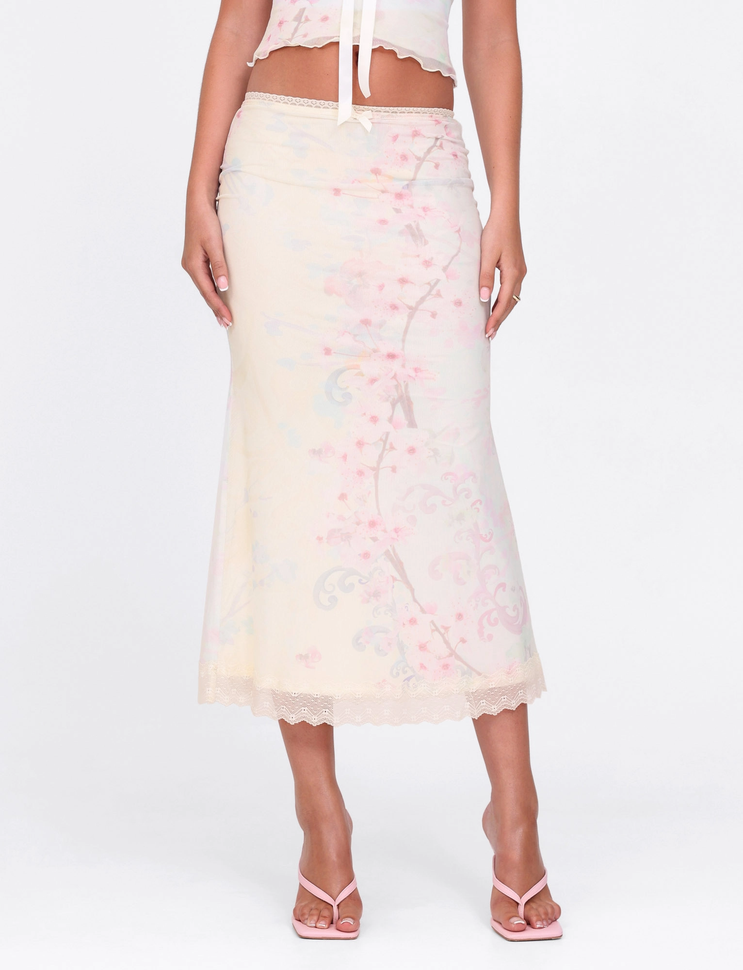 LONIE MIDI SKIRT - NEUTRAL : FLORAL : WASHED CHERRY BLOSSOM Anti Pilling Treatment