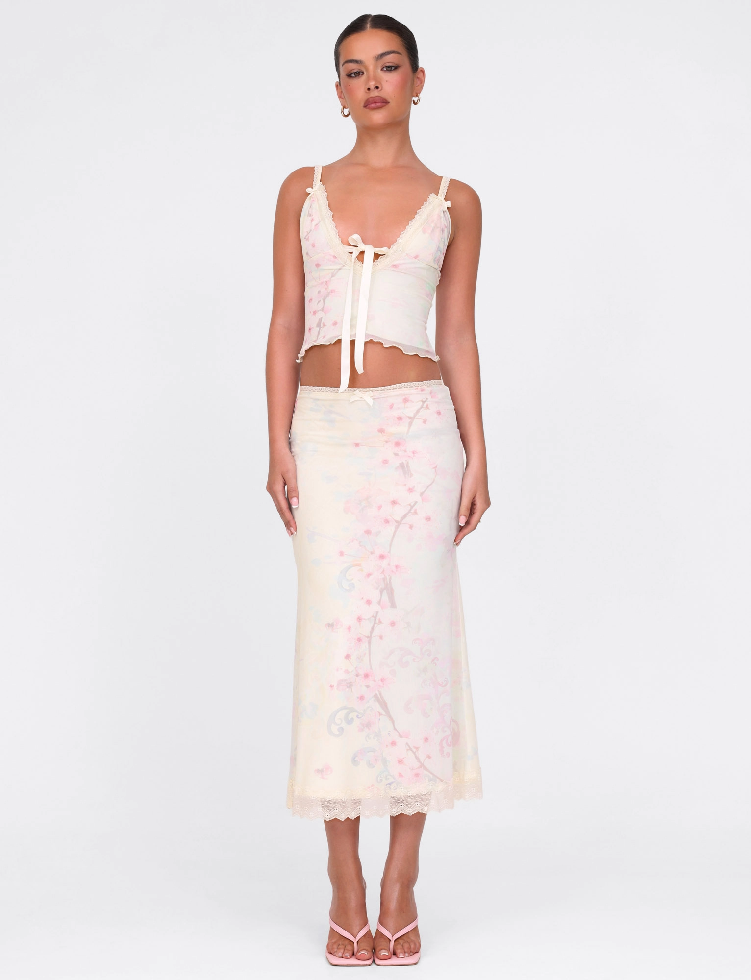 Jewel Tones LONIE MIDI SKIRT - NEUTRAL : FLORAL : WASHED CHERRY BLOSSOM