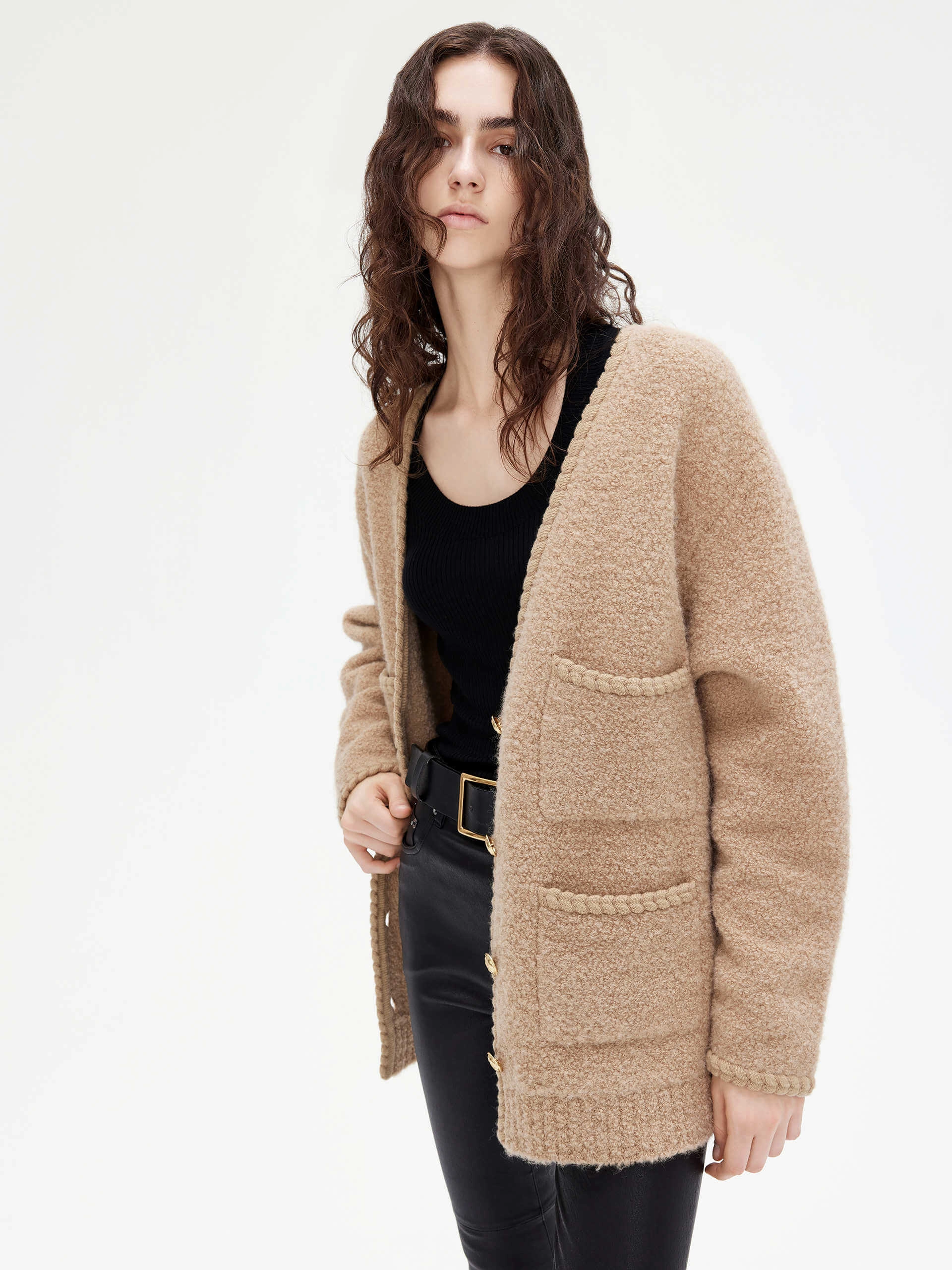 Sustainable Waterproofing AntiSnag Fabric Loose Boucle Knit Cardigan