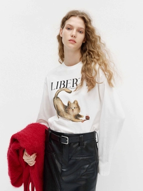 Loose Cat Print T-shirt Breathable fabric