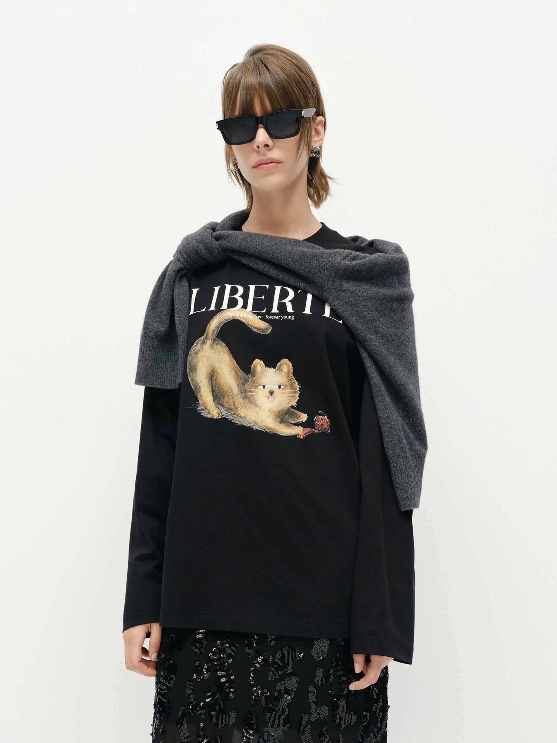 Easy Care Relax Style Trend Loose Cat Print T-shirt