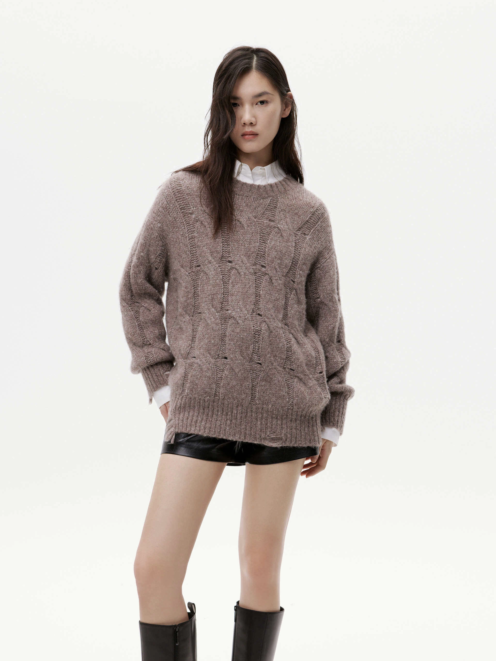 Loose Distressed Sweater HeatRegulating ButtonlessClosure
