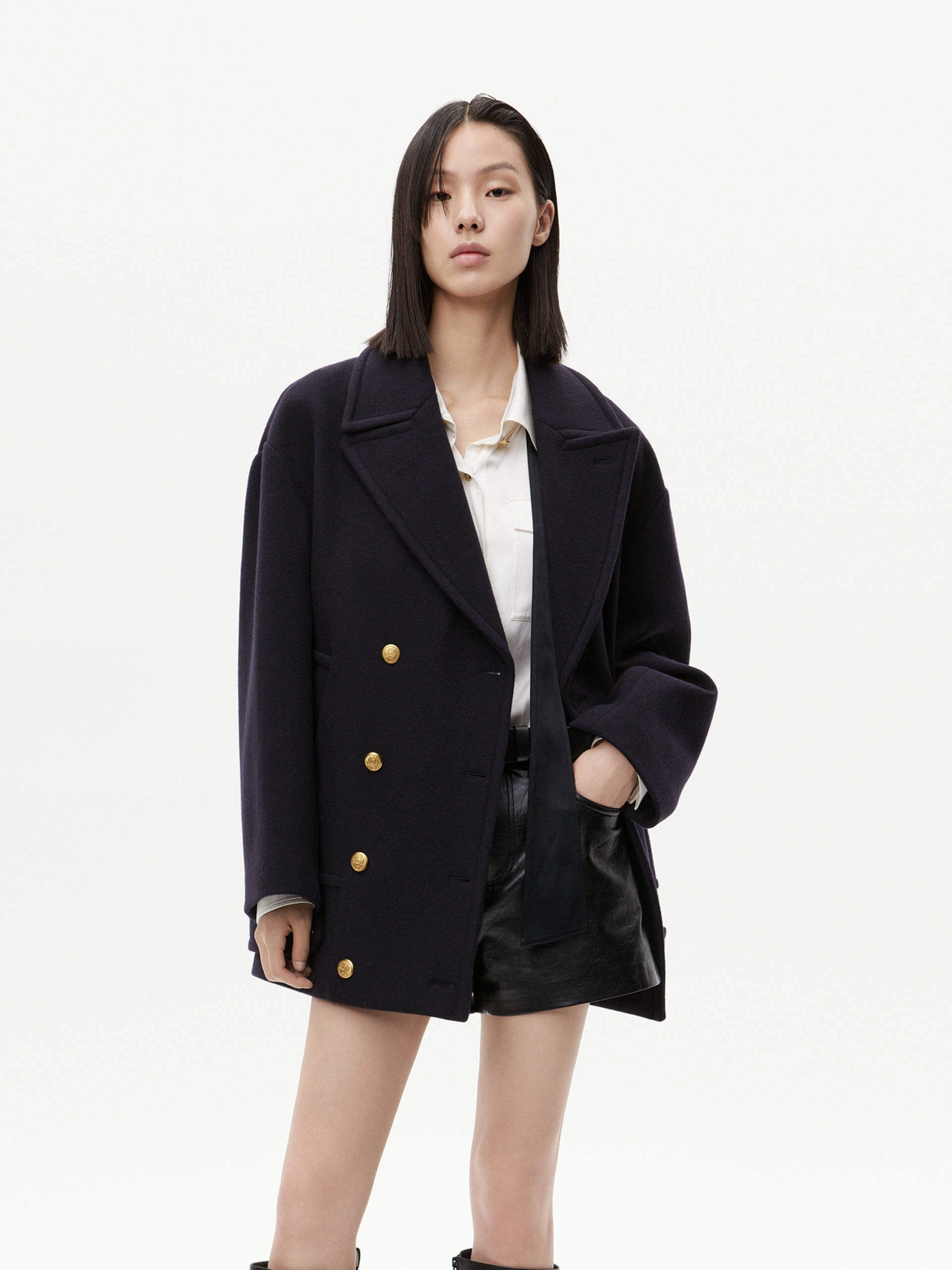 Loose Double Breasted Coat Contrast Stitching Eco Friendly Fabric