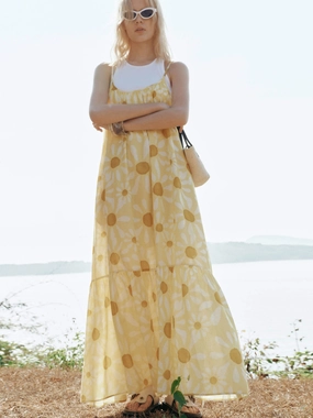 Sleeveless Cut Flow Sleeve Loose Fit Printed Dress