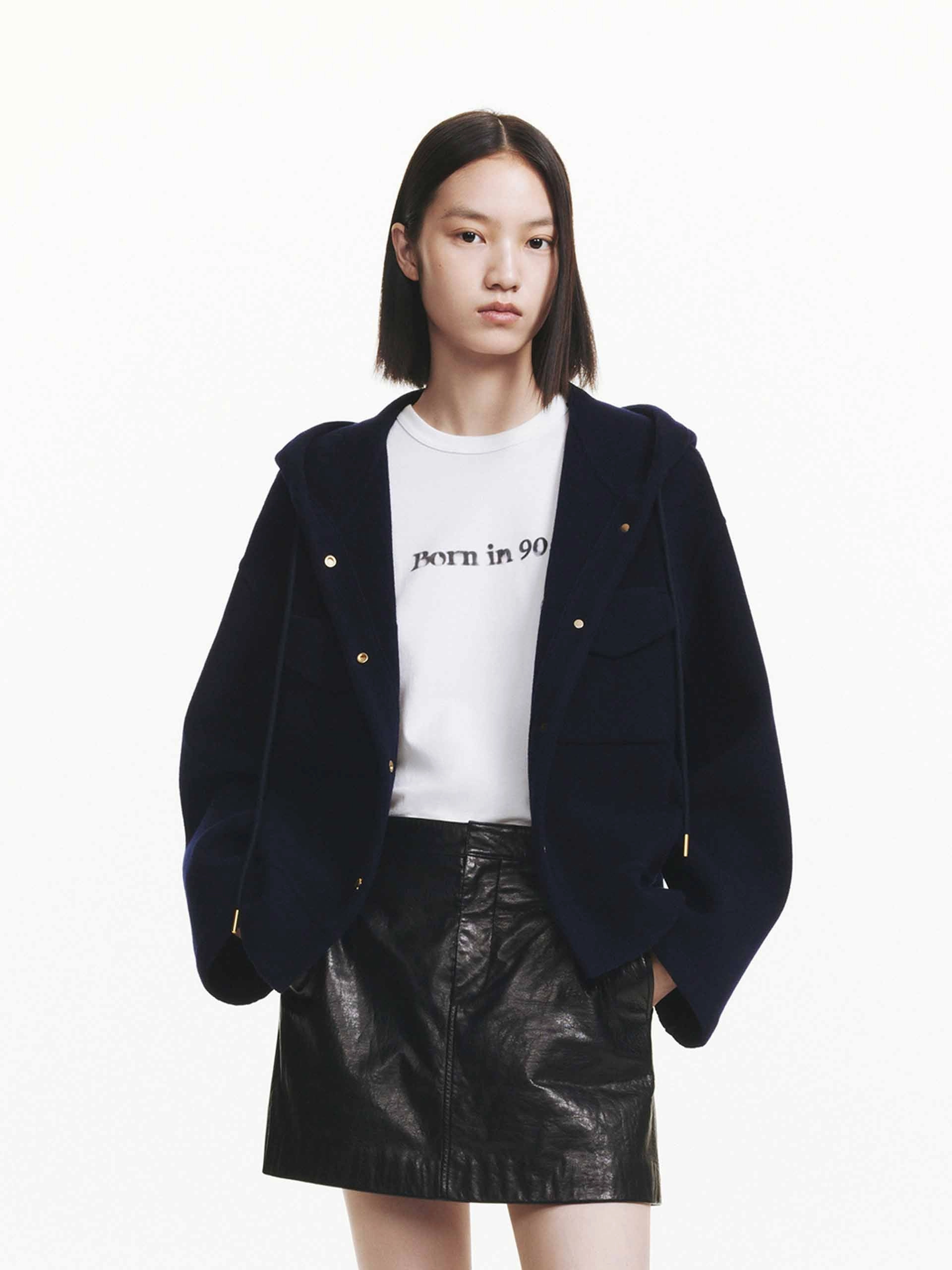 Four Way Stretch Material Loose Hooded Wool Coat
