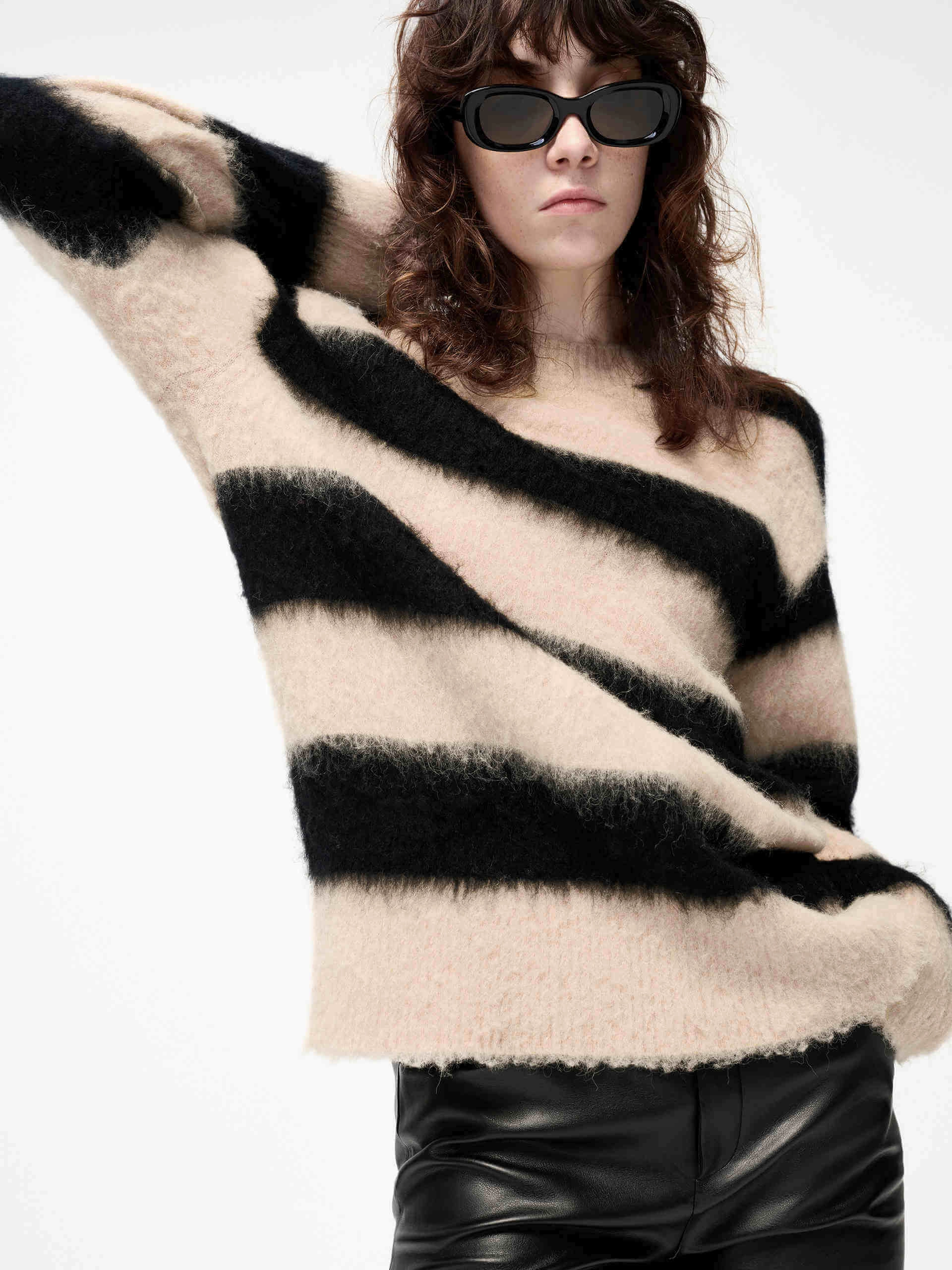 Loose Striped Knit Sweater TwoToneEffect AdjustableCuffs