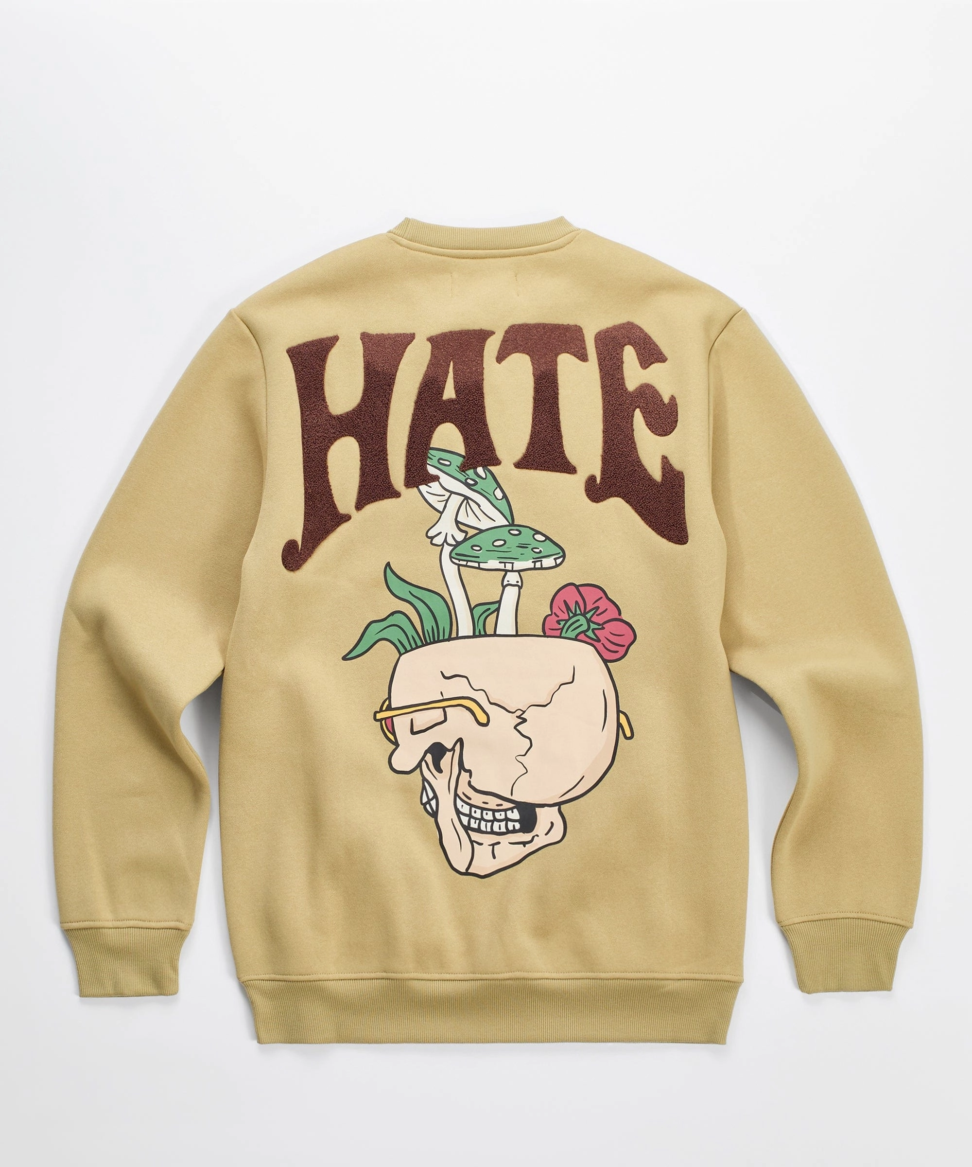 Hidden Button Placket Love Hate Front And Back Chenille Patched Crewneck - Khaki