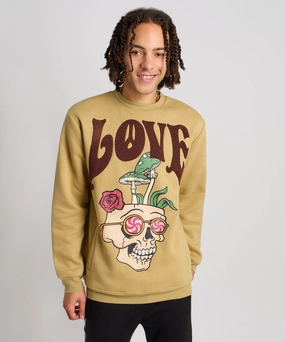 Love Hate Front And Back Chenille Patched Crewneck - Khaki TurtleneckDesign Basic Dress