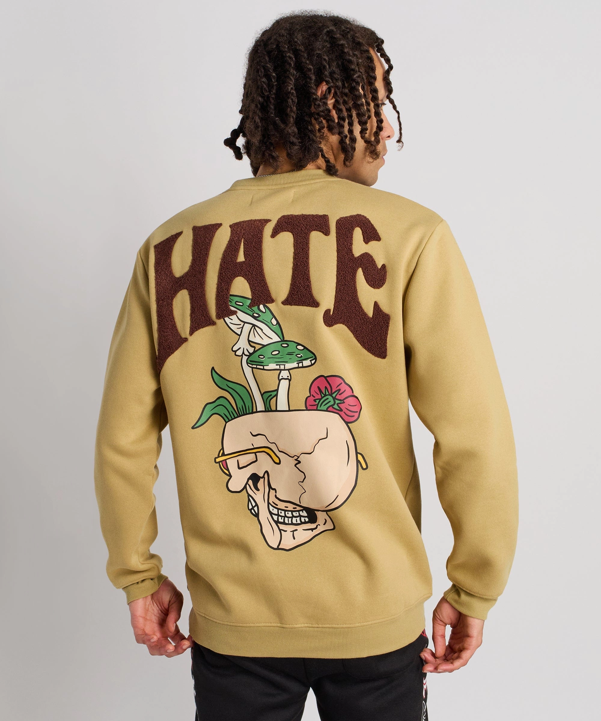 Love Hate Front And Back Chenille Patched Crewneck - Khaki Reverseble Design