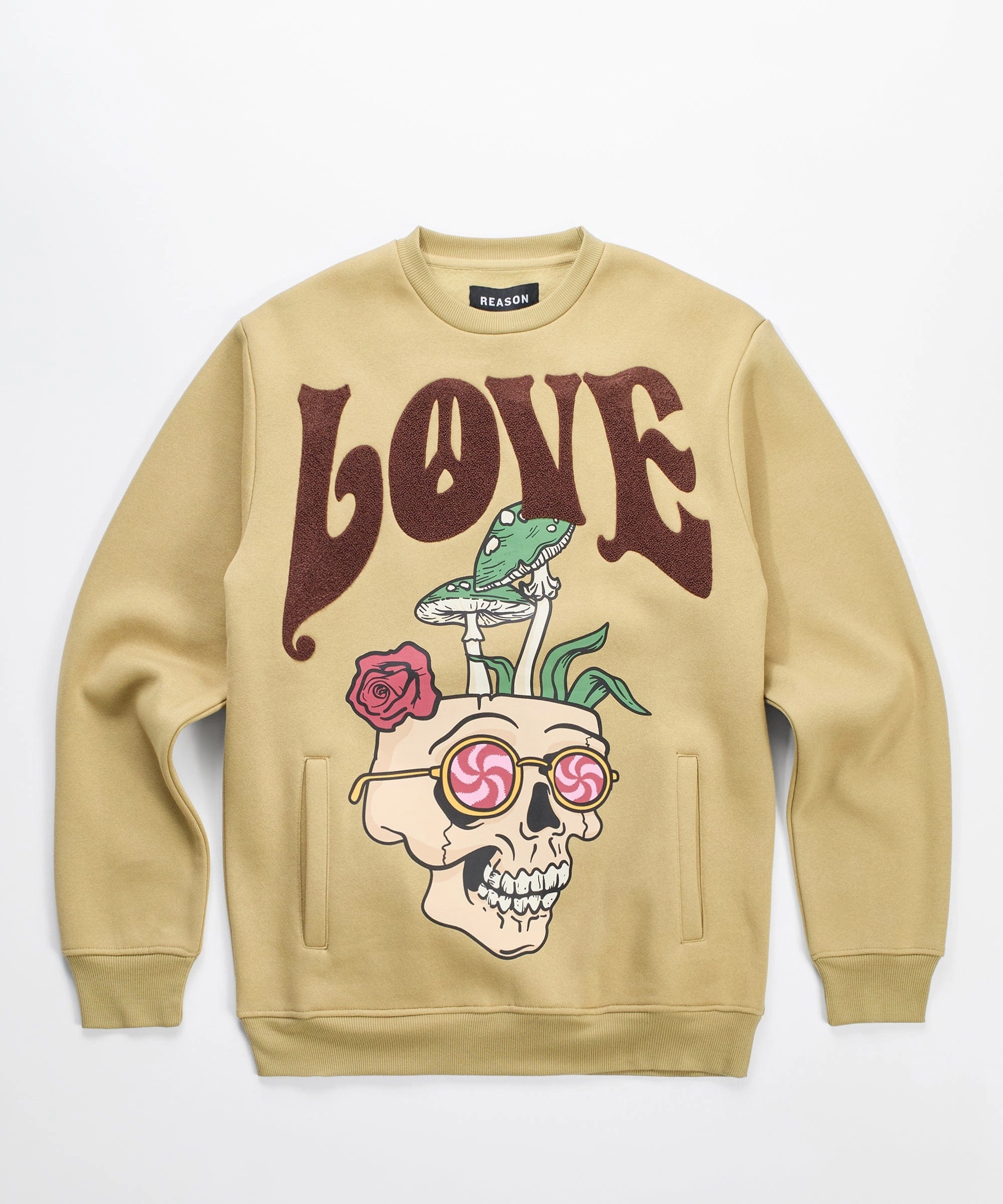 DoubleLayered TumbleDryFriendlyMaterial Love Hate Front And Back Chenille Patched Crewneck - Khaki
