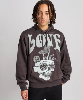 Lightweight Thermal Love Hate Puff Print Hoodie - Grey