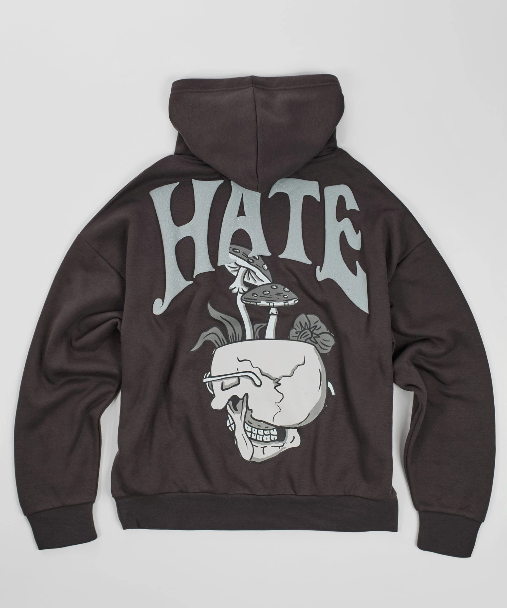 Love Hate Puff Print Hoodie - Grey Roll Up Sleeve Design Ribbed Neckline