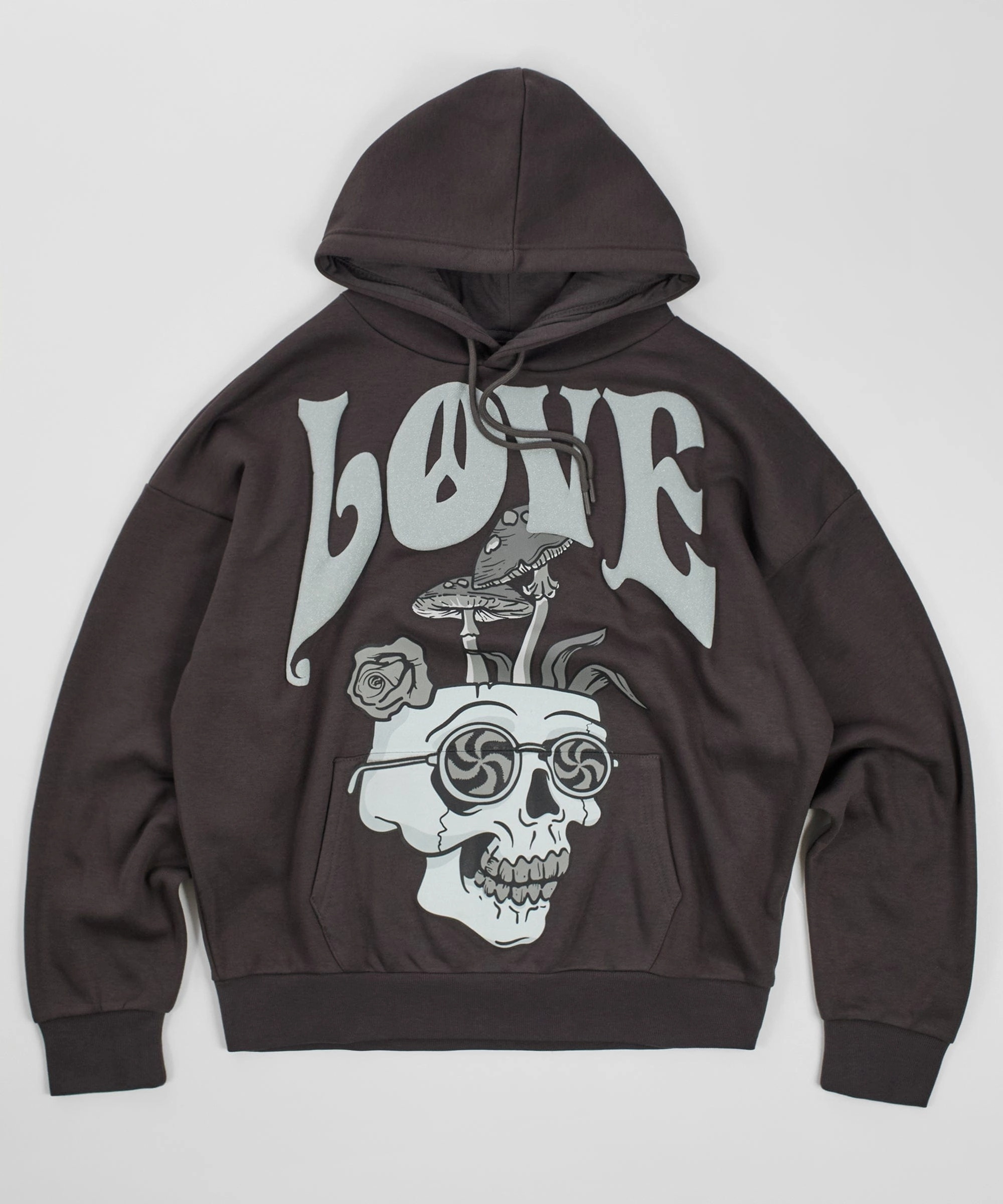PortableOption Four Way Stretch Material Love Hate Puff Print Hoodie - Grey