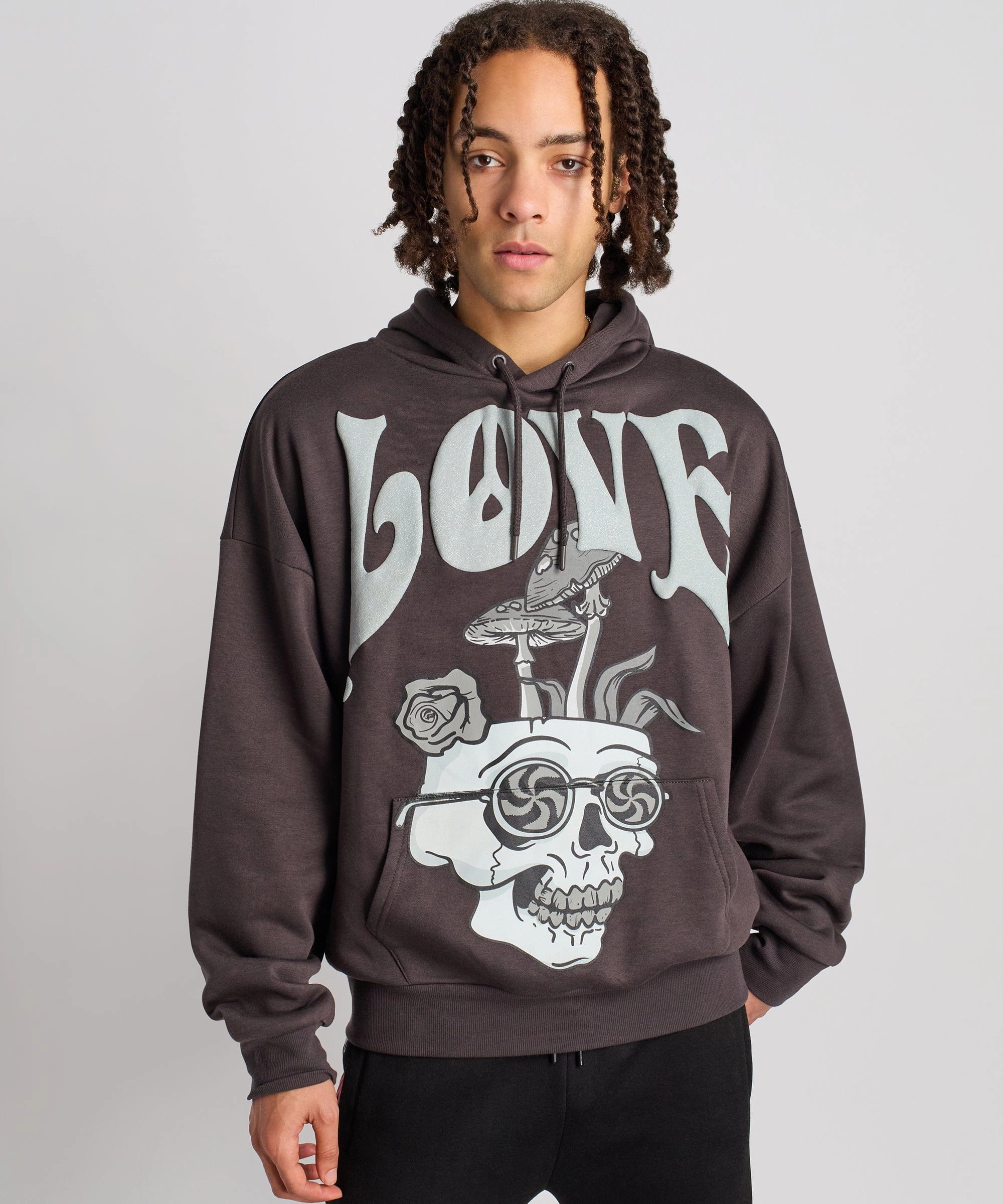Lightweight Thermal Love Hate Puff Print Hoodie - Grey