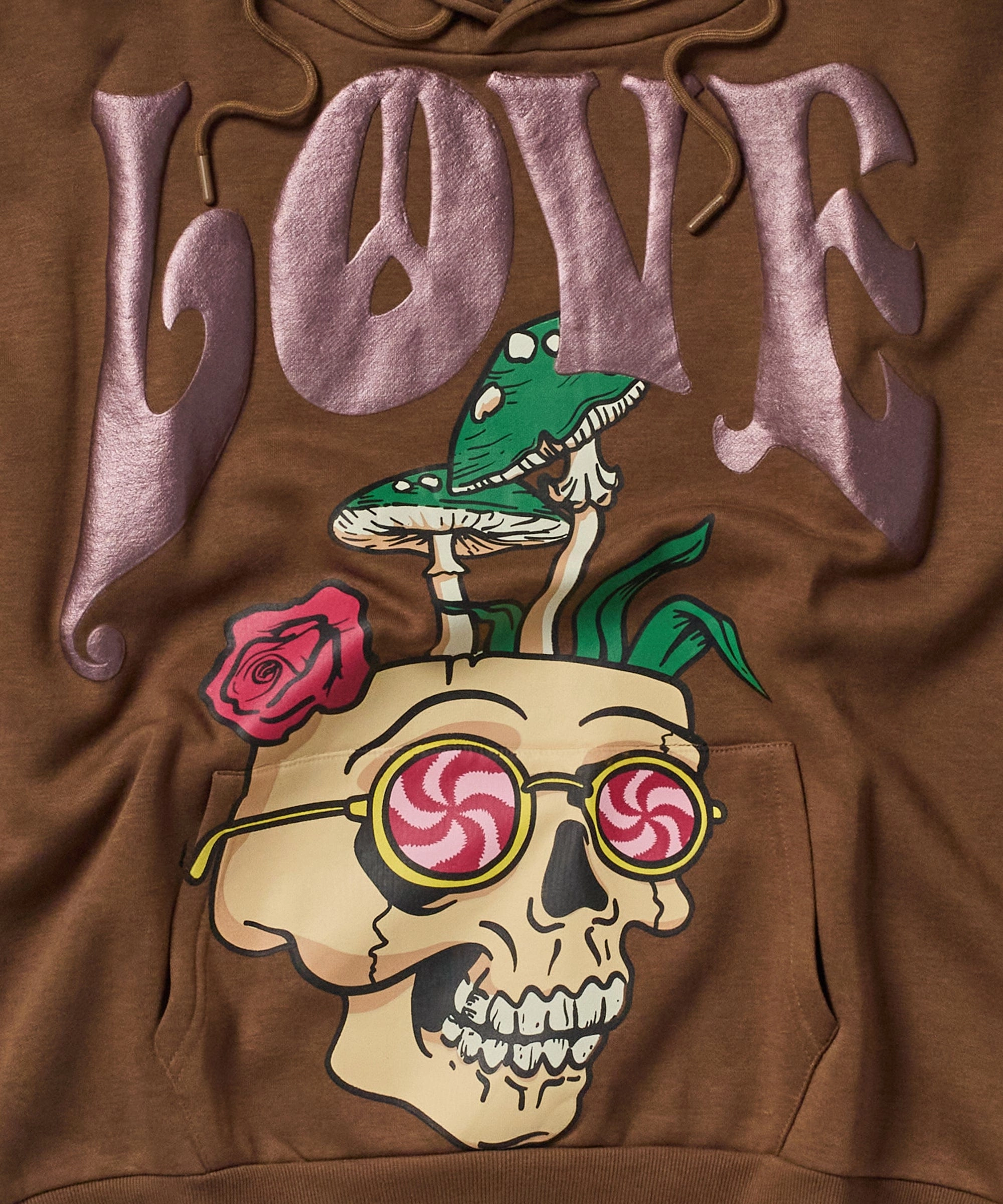 Love Hate Puff Print Hoodie - Khaki Adjustable Hemline Reinforced Seams