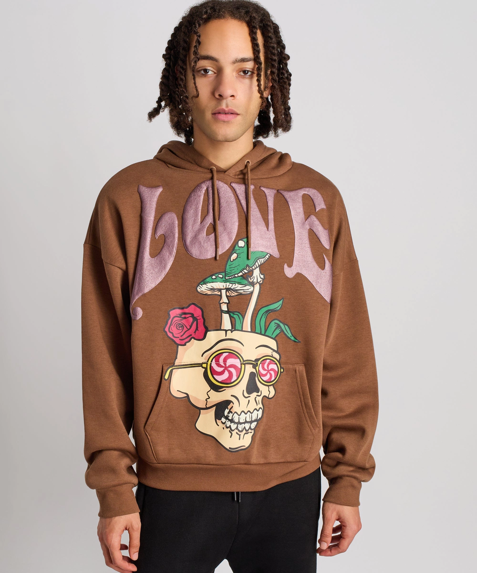 FullCut Shoulder Love Hate Puff Print Hoodie - Khaki