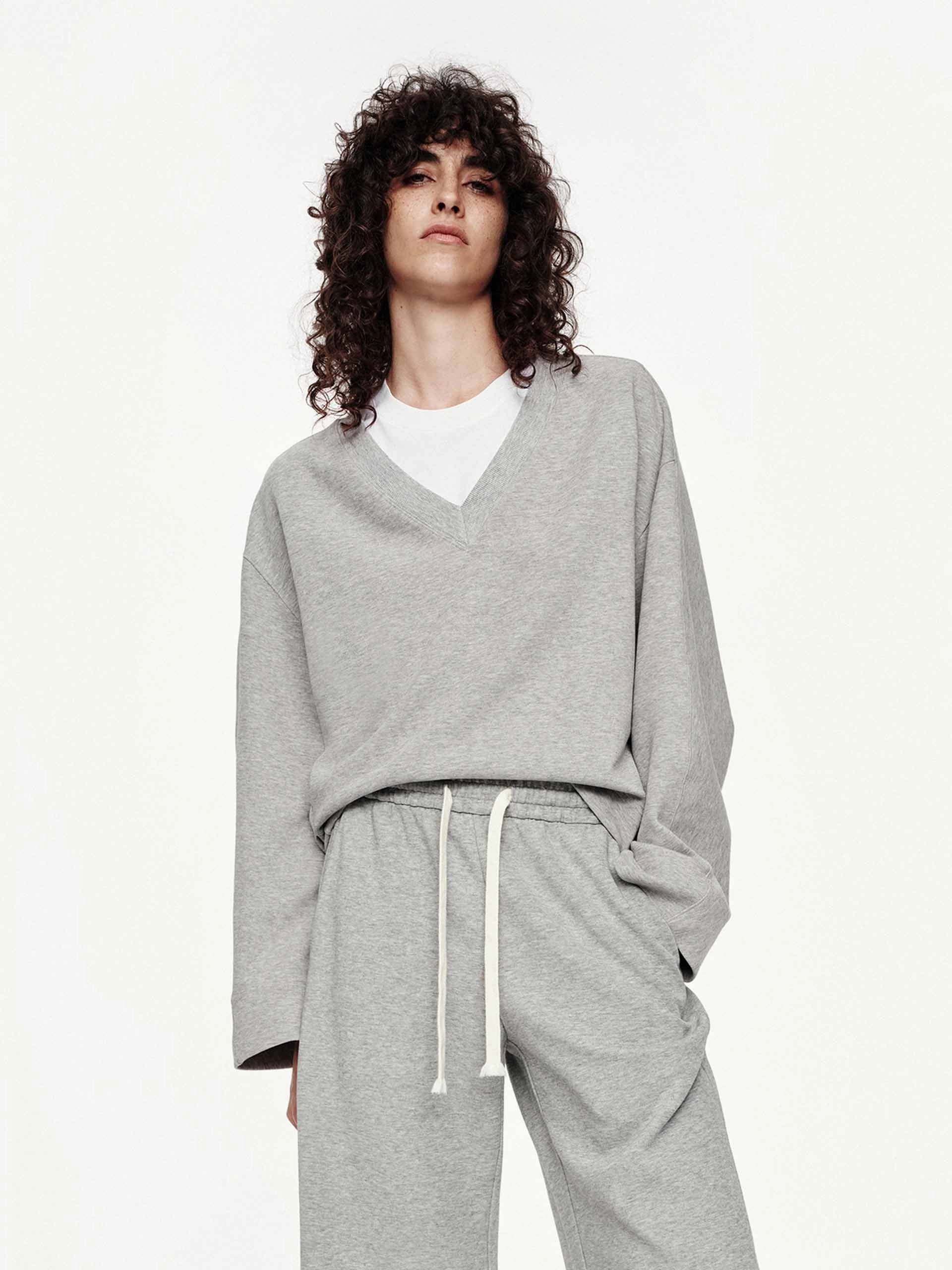 Double Chest Pocket DroppedShoulder V-neck Cropped Sweatshirt